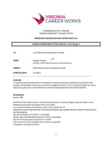 VWL 15-05 Change 1 WIOA Discrimination Complaint Process