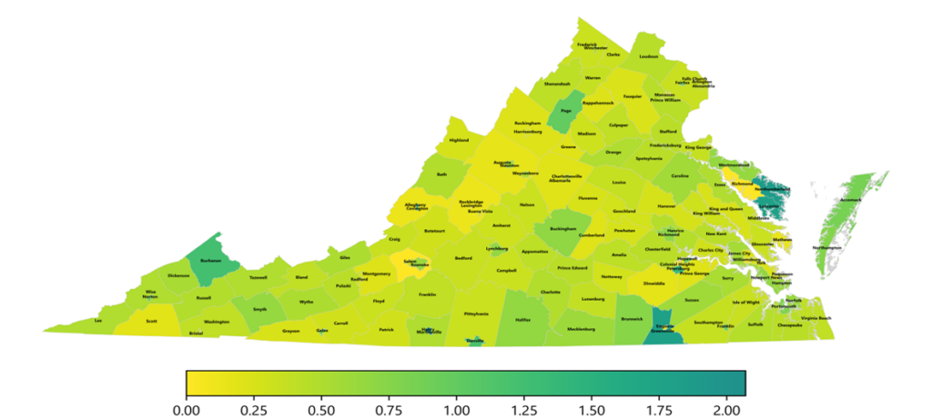 A color-coded map of Virginia showing the distribution of this week’s continued claims in Virginia’s counties and cities, expressed as a percentage of each locality’s labor force. 